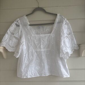Pearl by Lela Rose White Eyelet Floral Square-Neck Cotton Top Size Medium